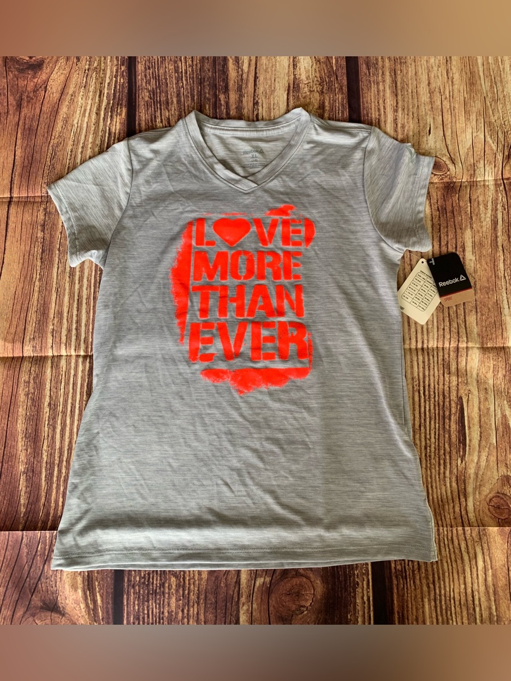 NWT Reebok Girl's Short Sleeve V-Neck Love More Than Ever Gray Top Sz: XL (16)